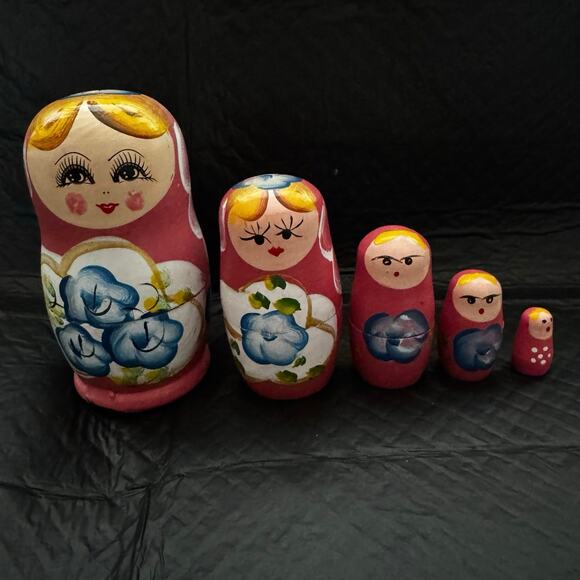 VTG Hand-painted Matryoshka Russian Wood Nesting Dolls Set of 5 - Picture 1 of 15